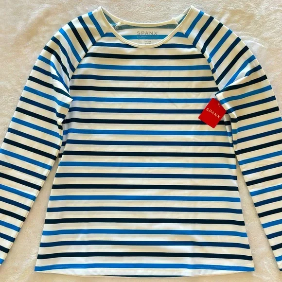 SPANX Long Sleeve Ocean Stripe Blue Swim Shirt--NWT--S - Picture 1 of 13